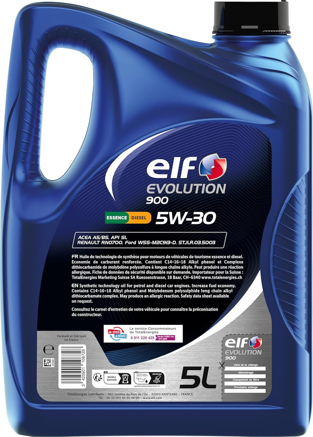 ELF EVOLUTION 900 5W-30, Huile moteur essence et Diesel, 5 litres
