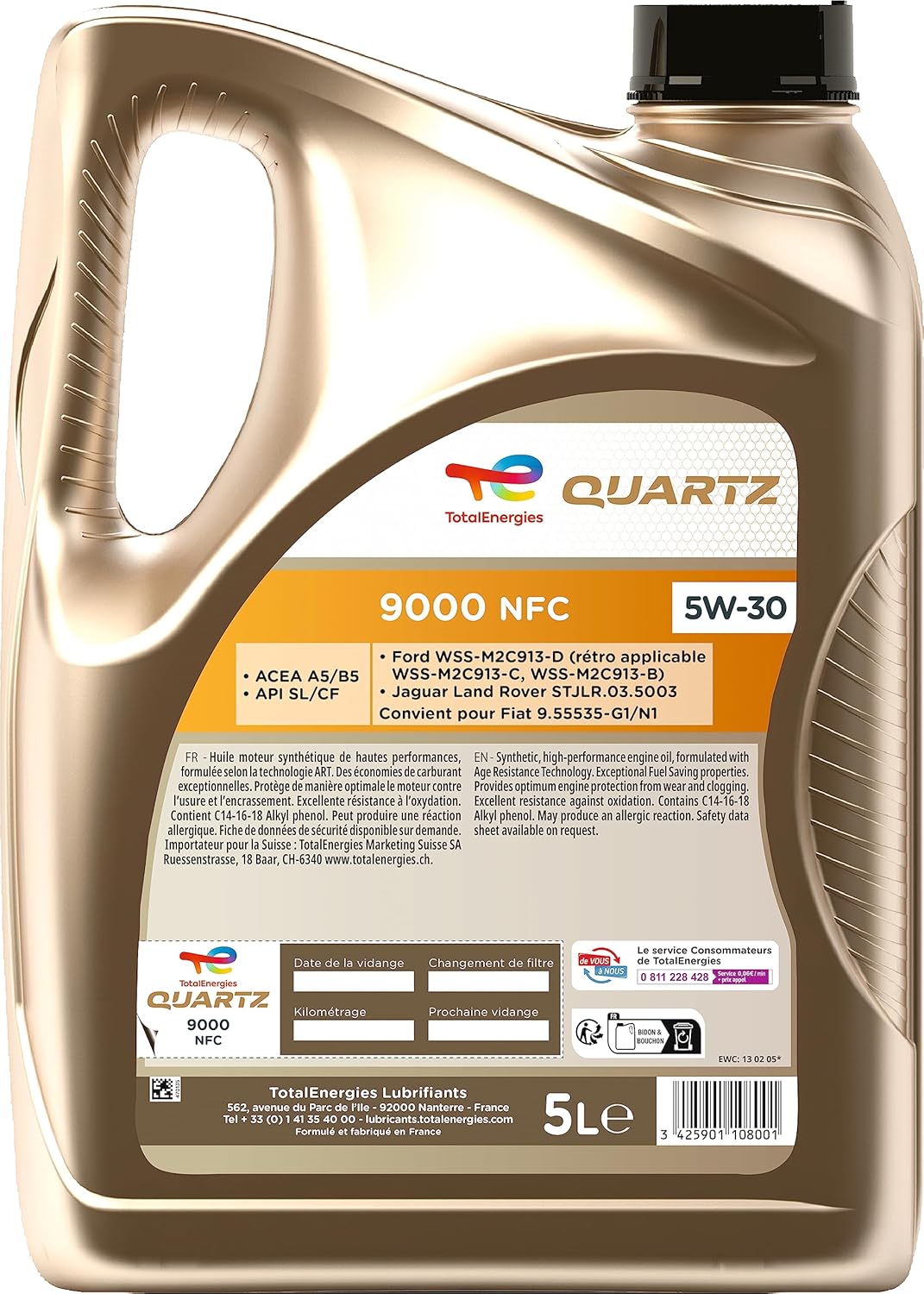 TotalEnergies Quartz 9000 NFC 5W-30, Huile moteur essence et Diesel, 5 litres