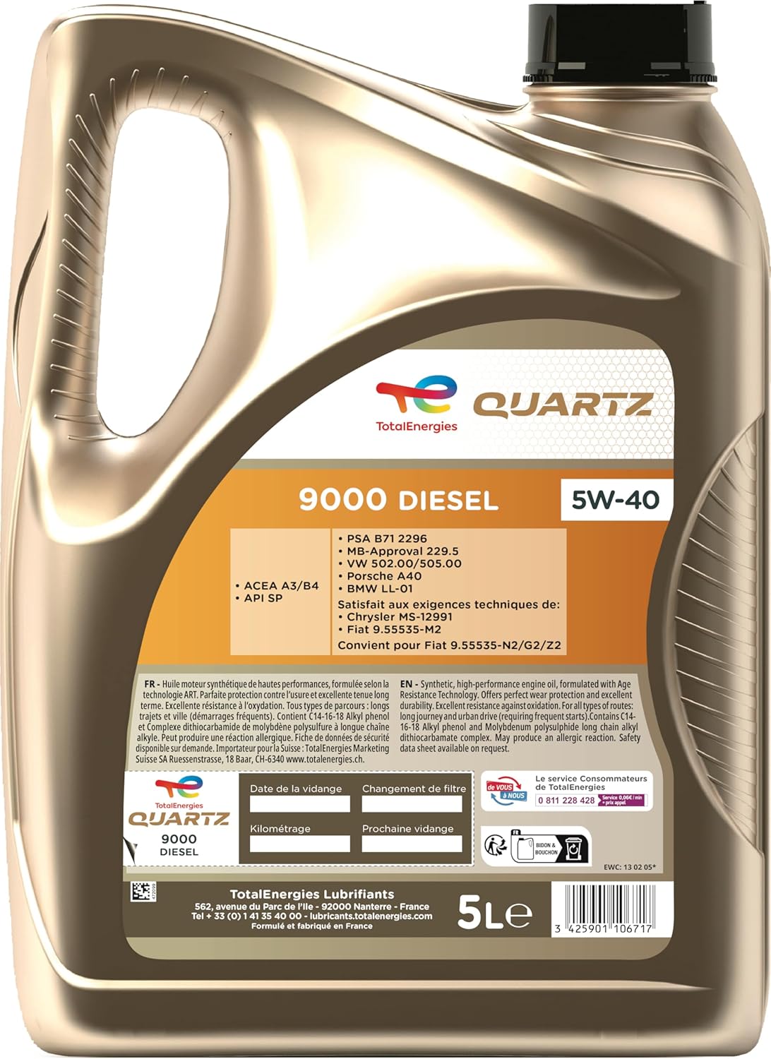 TotalEnergies Quartz 9000 Diesel 5W-40, Huile moteur, 5 litres