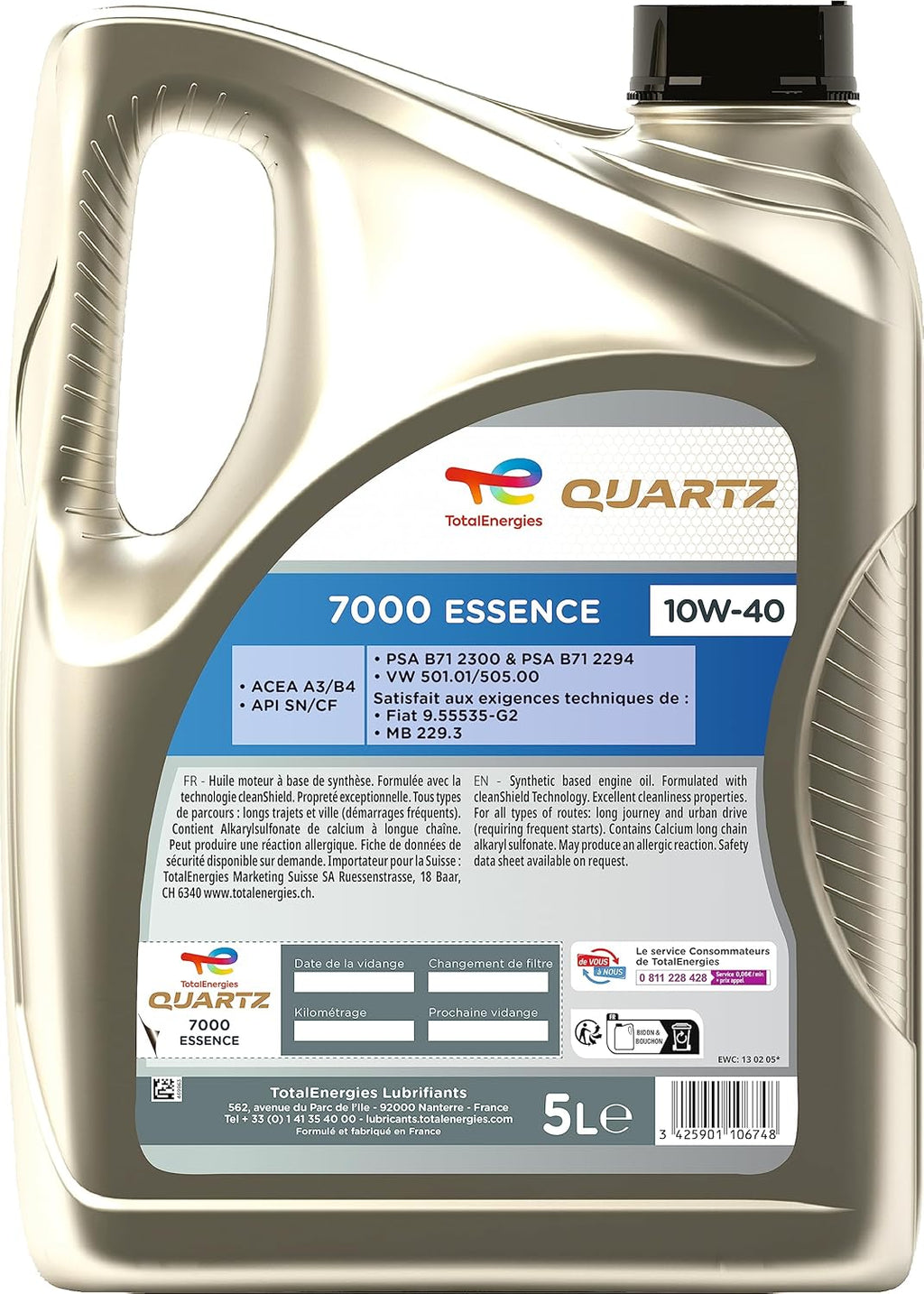 TotalEnergies Quartz 7000 essence 10W-40, Huile moteur, 5 litres