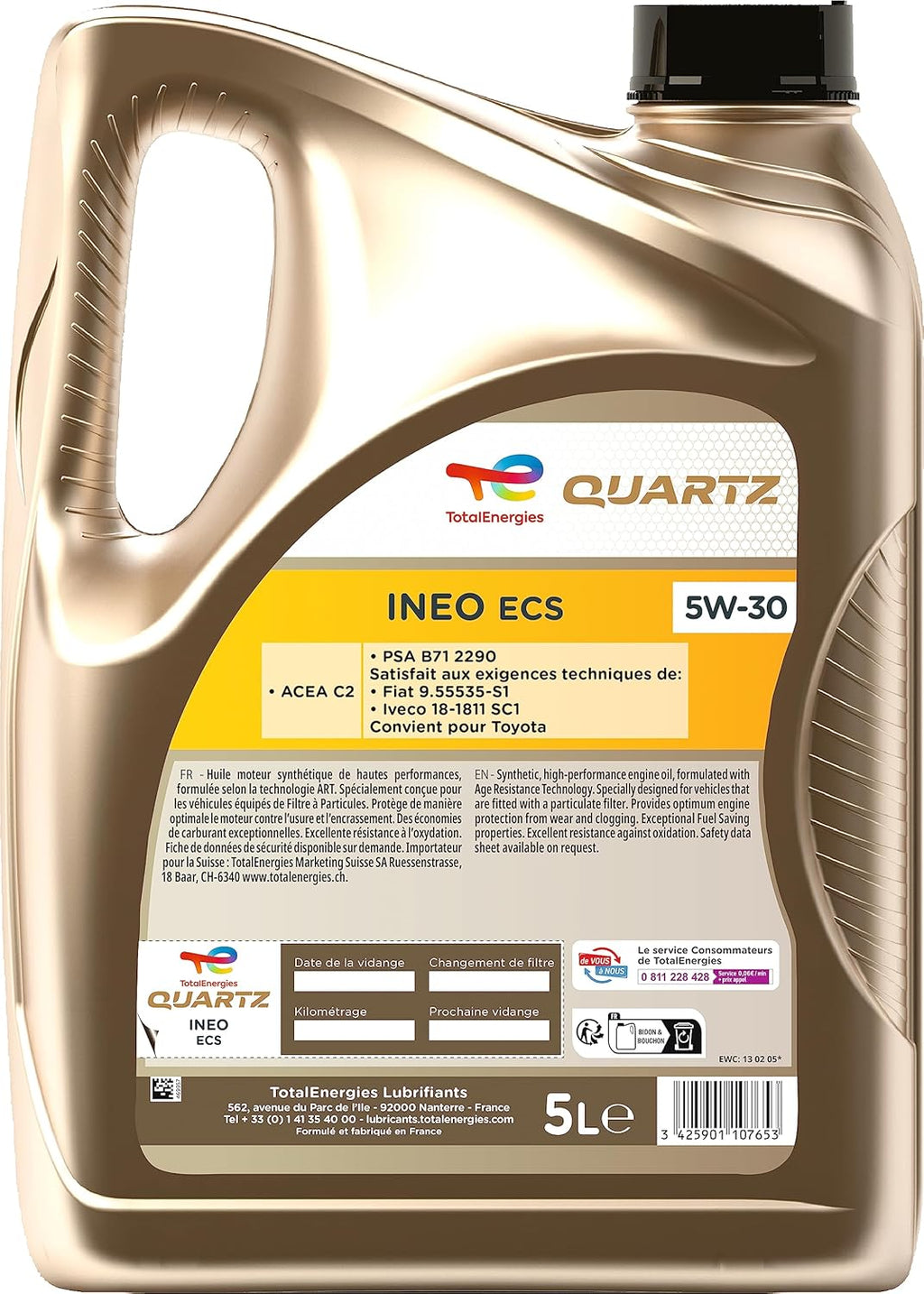 TotalEnergies Quartz Ineo ECS 5W-30, Huile moteur essence et Diesel, 5 litres