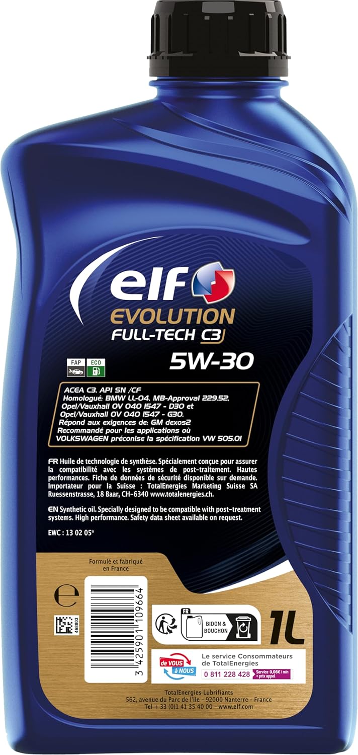 ELF EVOLUTION FULL-TECH C3 5W-30, Huile moteur essence et Diesel, 1 litre