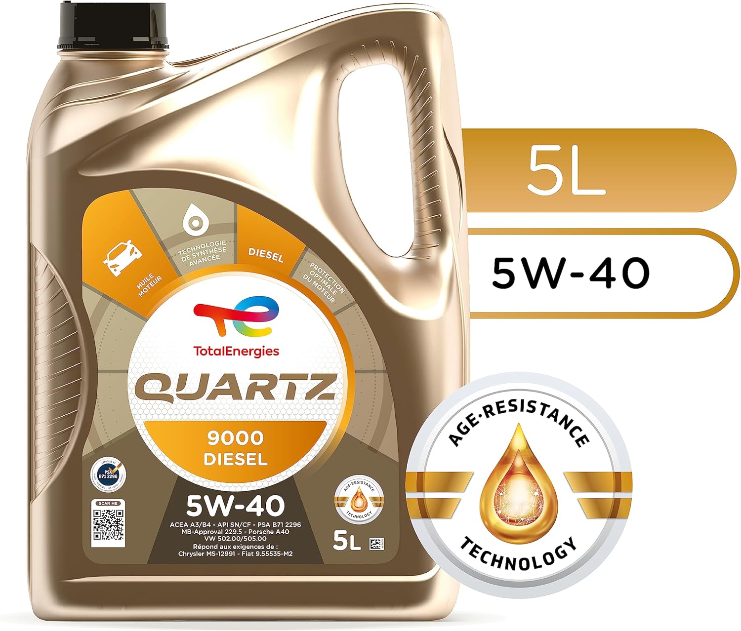 TotalEnergies Quartz 9000 Diesel 5W-40, Huile moteur, 5 litres