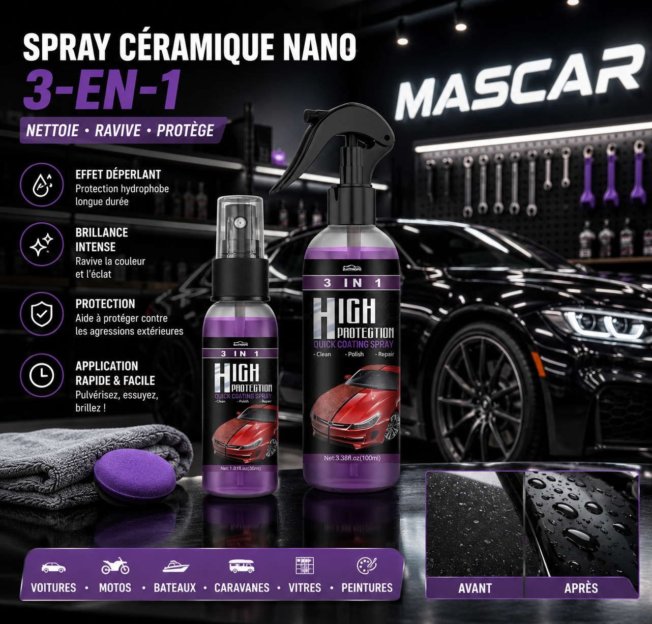 Spray Céramique Nano 3-en-1 – Brillance & Protection Hydrophobe MasCar