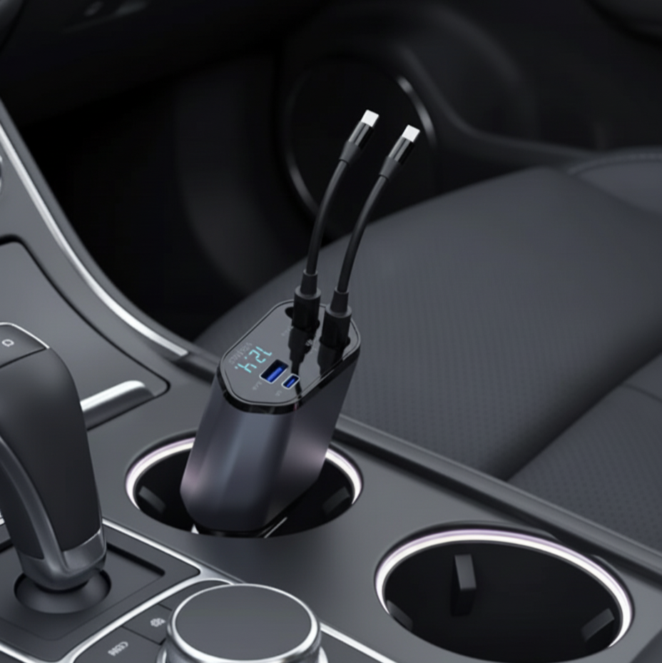 CHARGEUR DE VOITURE 4 EN 1 – Adaptateur allume-cigare rétractable 120W avec USB & Type-C ultra-rapide MasCar