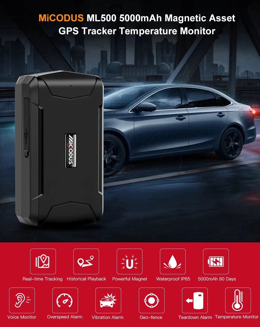 MiCODUS GPS Tracker Car Tracker ML500 Magnetic 5000mAh Temperature Voice Monitor GPS Locator Vibrate Drop Alert Lifetime APP MasCar