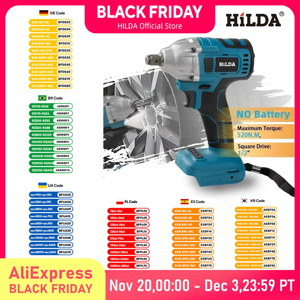 HILDA Electric Impact Wrench 18V Blue Brushless/Brushed Rechargeable 1/2 Socket Wrench Cordless Hand Drill for Makita Battery MasCar