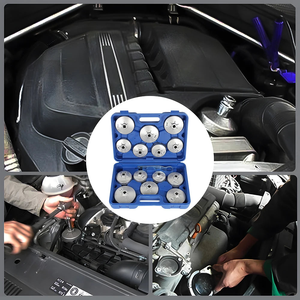 Podofo 15pcs Cap Oil Filter Wrench Socket Set Car Hand Remover Tool Kit 1/2"Square Drive Car Fuel Filtering Device Wrench Set MasCar