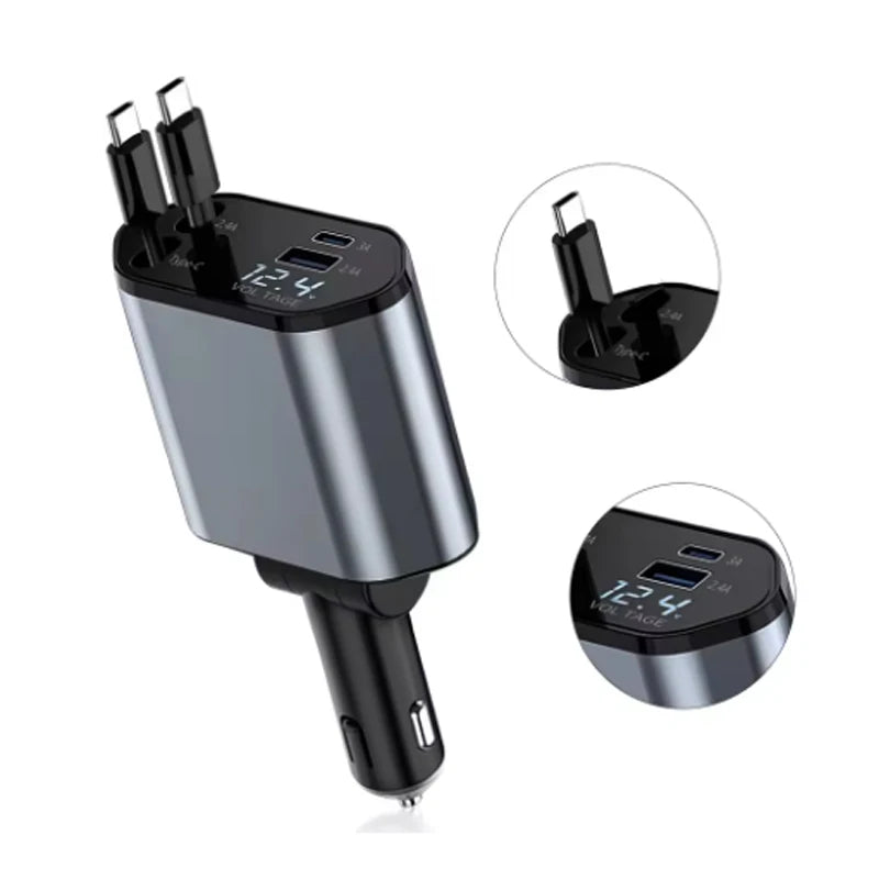 4 in 1 120W Car Charger Retractable Car Cigarette Lighter Adapter USB Type C Fast Charger Cable For IPhone Xiaomi Huawei Samsung MasCar