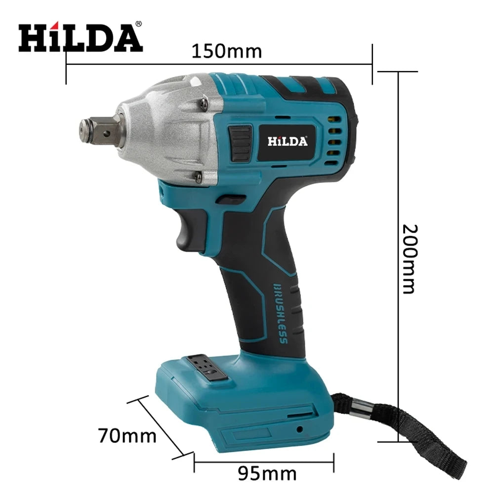 HILDA Electric Impact Wrench 18V Blue Brushless/Brushed Rechargeable 1/2 Socket Wrench Cordless Hand Drill for Makita Battery MasCar