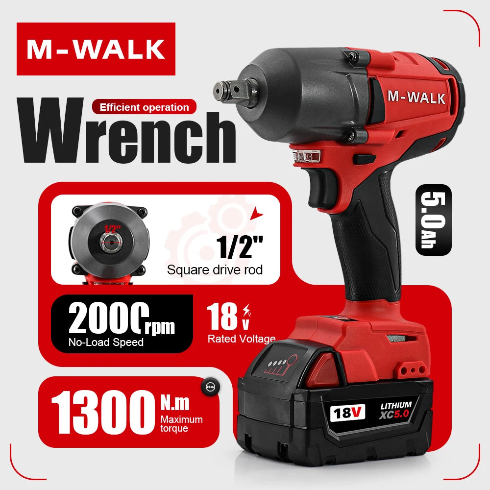 M-WALK Tool 1300N.M Brushless Impact Wrench Cordless Electric Wrench 1/2 in Screwdriver Power Tool For Milwaukee 18V Battery Pin MasCar