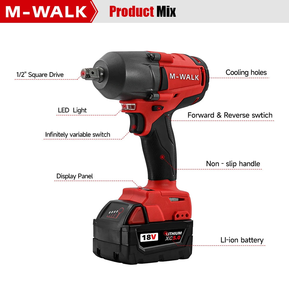 M-WALK Tool 1300N.M Brushless Impact Wrench Cordless Electric Wrench 1/2 in Screwdriver Power Tool For Milwaukee 18V Battery Pin MasCar