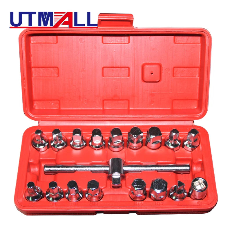 18pcs Oil Drain Plug Removal Tool Key Set Square Hexagon Socket Kit  3/8-Inch drive Nut Adaptor Tool MasCar