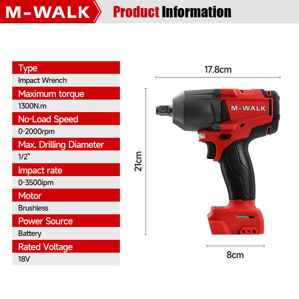 M-WALK Tool 1300N.M Brushless Impact Wrench Cordless Electric Wrench 1/2 in Screwdriver Power Tool For Milwaukee 18V Battery Pin MasCar