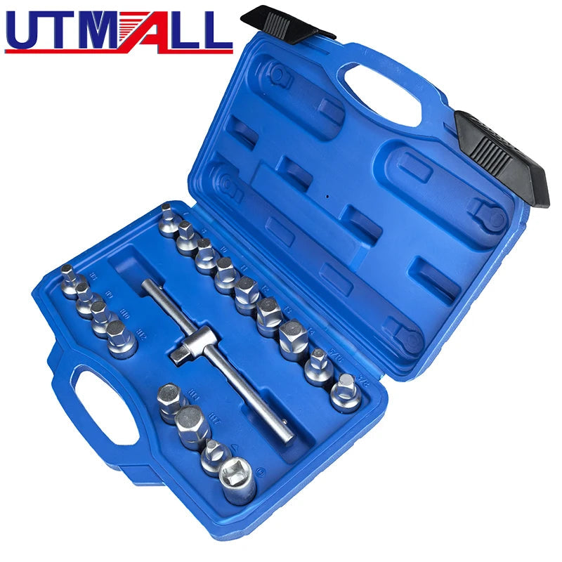 18pcs Oil Drain Plug Removal Tool Key Set Square Hexagon Socket Kit  3/8-Inch drive Nut Adaptor Tool MasCar