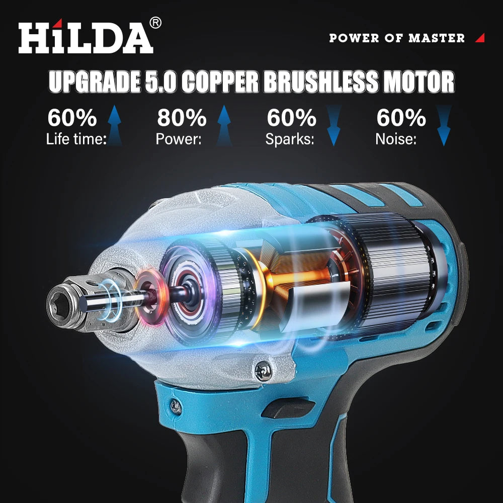 HILDA Electric Impact Wrench 18V Blue Brushless/Brushed Rechargeable 1/2 Socket Wrench Cordless Hand Drill for Makita Battery MasCar