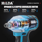 HILDA Electric Impact Wrench 18V Blue Brushless/Brushed Rechargeable 1/2 Socket Wrench Cordless Hand Drill for Makita Battery MasCar