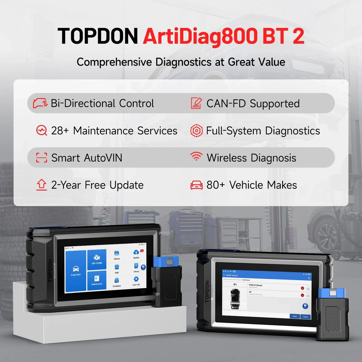TOPDON 2025 NEW Artidiag800 BT 2 OBD2 All System Scanner Professional Car Diagnostic Tool Automotive Scanner Active Test MasCar