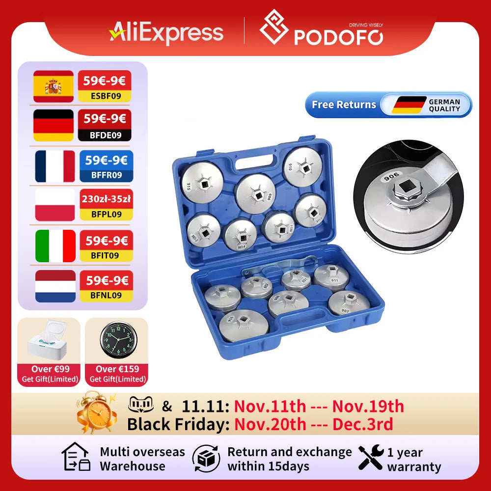 Podofo 15pcs Cap Oil Filter Wrench Socket Set Car Hand Remover Tool Kit 1/2"Square Drive Car Fuel Filtering Device Wrench Set MasCar
