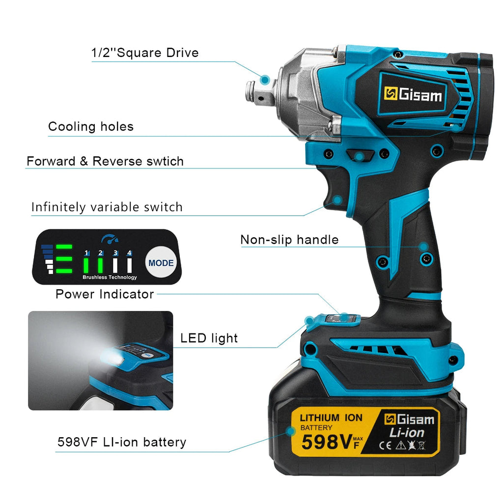 Gisam 1200N.M Torque Brushless Electric Impact Wrench 1/2 inch Cordless Wrench Screwdriver Power Tool For Makita 18V Battery Pin MasCar