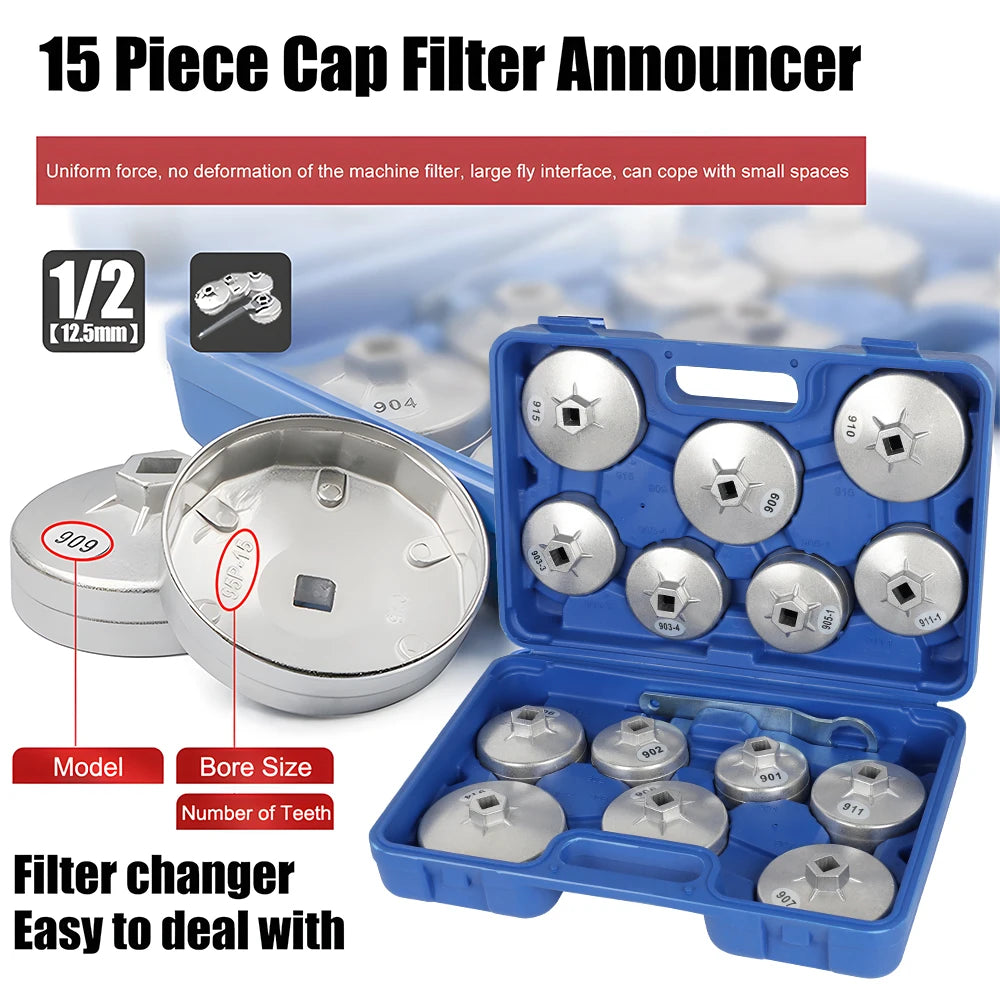 Podofo 15pcs Cap Oil Filter Wrench Socket Set Car Hand Remover Tool Kit 1/2"Square Drive Car Fuel Filtering Device Wrench Set MasCar