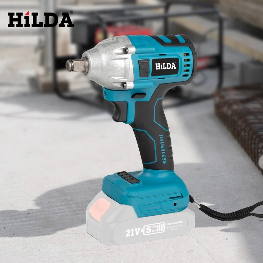 HILDA Electric Impact Wrench 18V Blue Brushless/Brushed Rechargeable 1/2 Socket Wrench Cordless Hand Drill for Makita Battery MasCar