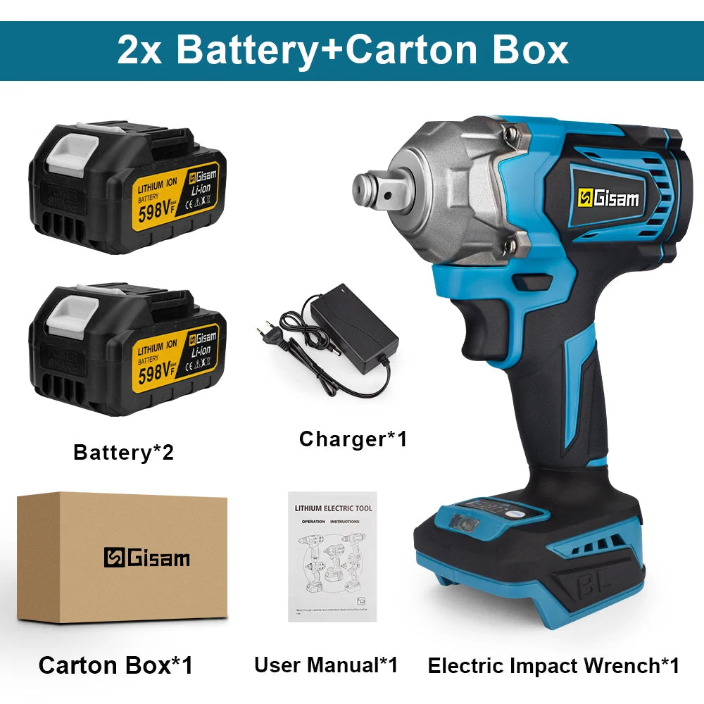 Gisam 1200N.M Torque Brushless Electric Impact Wrench 1/2 inch Cordless Wrench Screwdriver Power Tool For Makita 18V Battery Pin MasCar