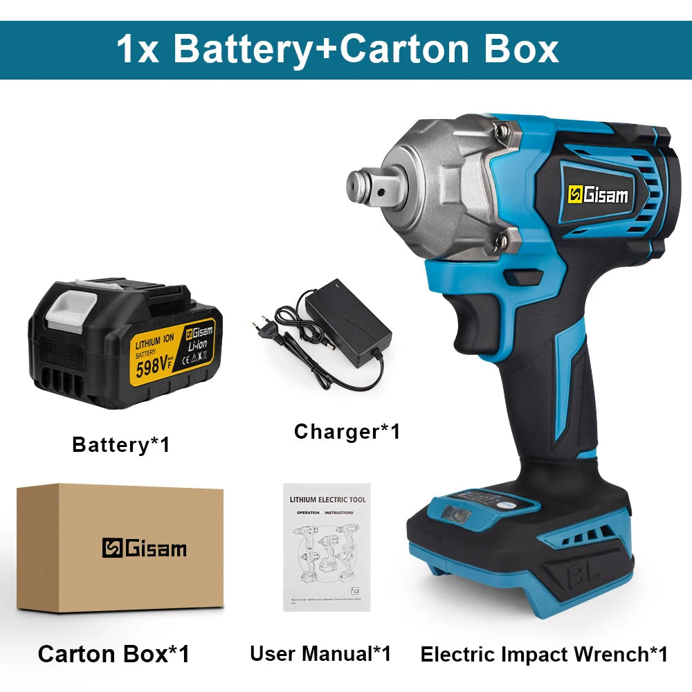 Gisam 1200N.M Torque Brushless Electric Impact Wrench 1/2 inch Cordless Wrench Screwdriver Power Tool For Makita 18V Battery Pin MasCar