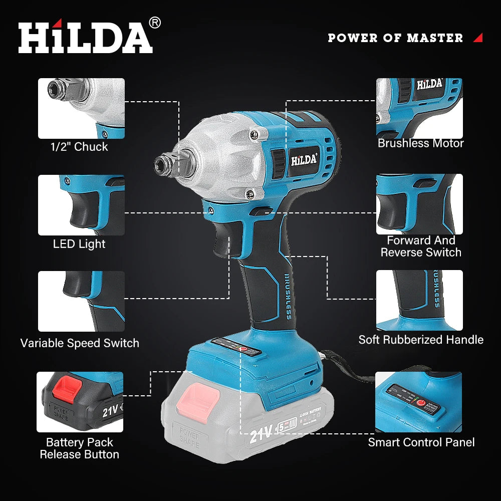 HILDA Electric Impact Wrench 18V Blue Brushless/Brushed Rechargeable 1/2 Socket Wrench Cordless Hand Drill for Makita Battery MasCar