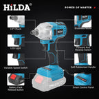 HILDA Electric Impact Wrench 18V Blue Brushless/Brushed Rechargeable 1/2 Socket Wrench Cordless Hand Drill for Makita Battery MasCar