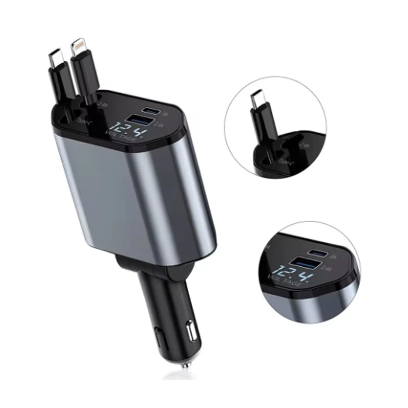 4 in 1 120W Car Charger Retractable Car Cigarette Lighter Adapter USB Type C Fast Charger Cable For IPhone Xiaomi Huawei Samsung MasCar