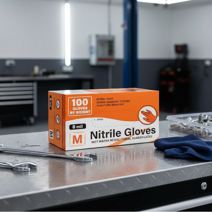 50PCS Heavy Duty 8Mil Orange Nitrile Gloves Disposable Raised Diamond Texture Gloves for Construction Industrial Mechanic Auto MasCar