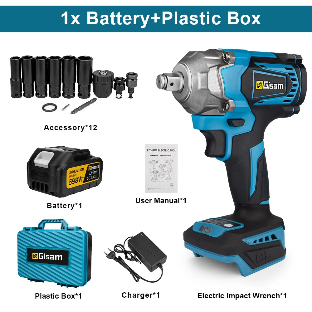 Gisam 1200N.M Torque Brushless Electric Impact Wrench 1/2 inch Cordless Wrench Screwdriver Power Tool For Makita 18V Battery Pin MasCar