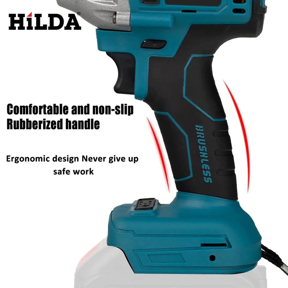 HILDA Electric Impact Wrench 18V Blue Brushless/Brushed Rechargeable 1/2 Socket Wrench Cordless Hand Drill for Makita Battery MasCar