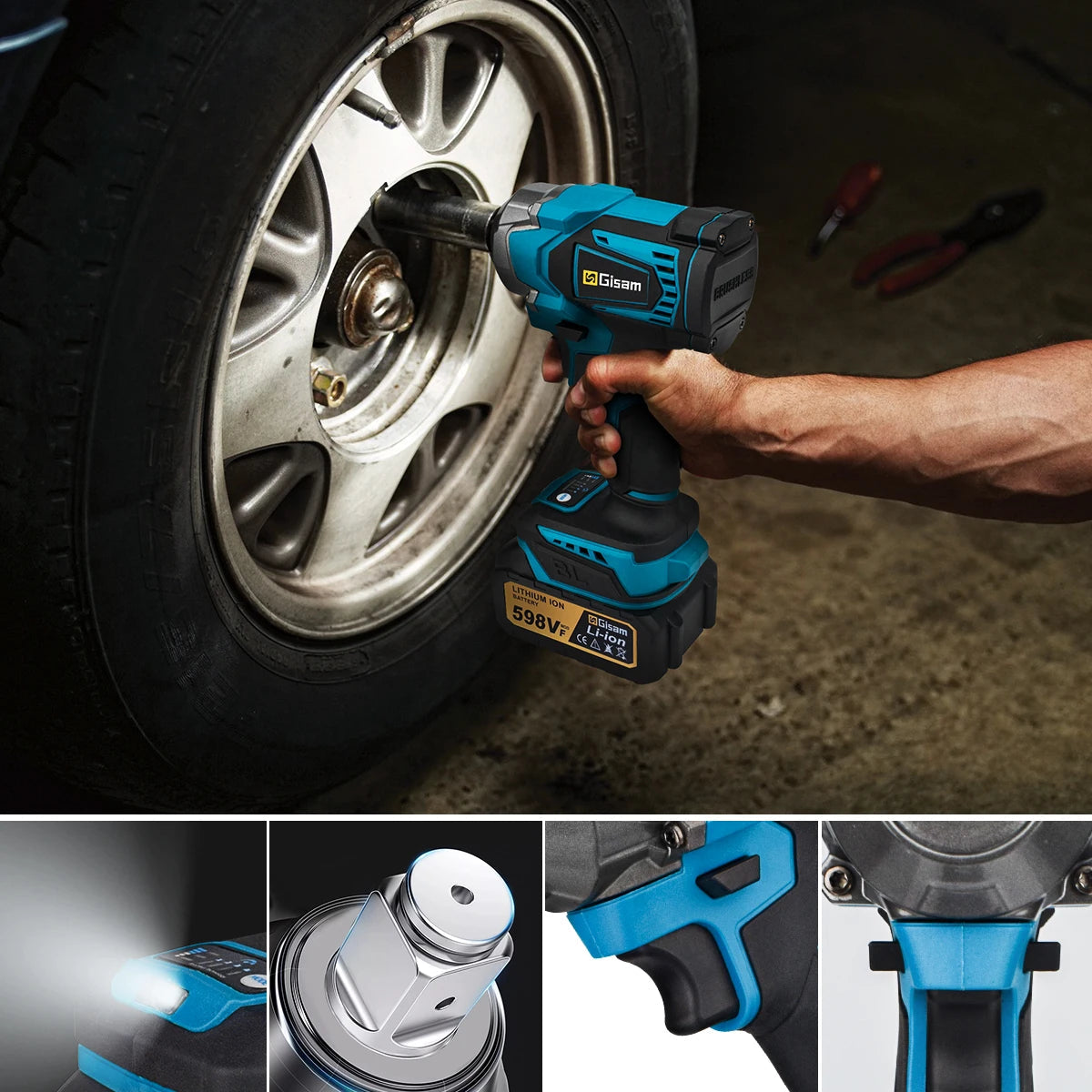 Gisam 1200N.M Torque Brushless Electric Impact Wrench 1/2 inch Cordless Wrench Screwdriver Power Tool For Makita 18V Battery Pin MasCar