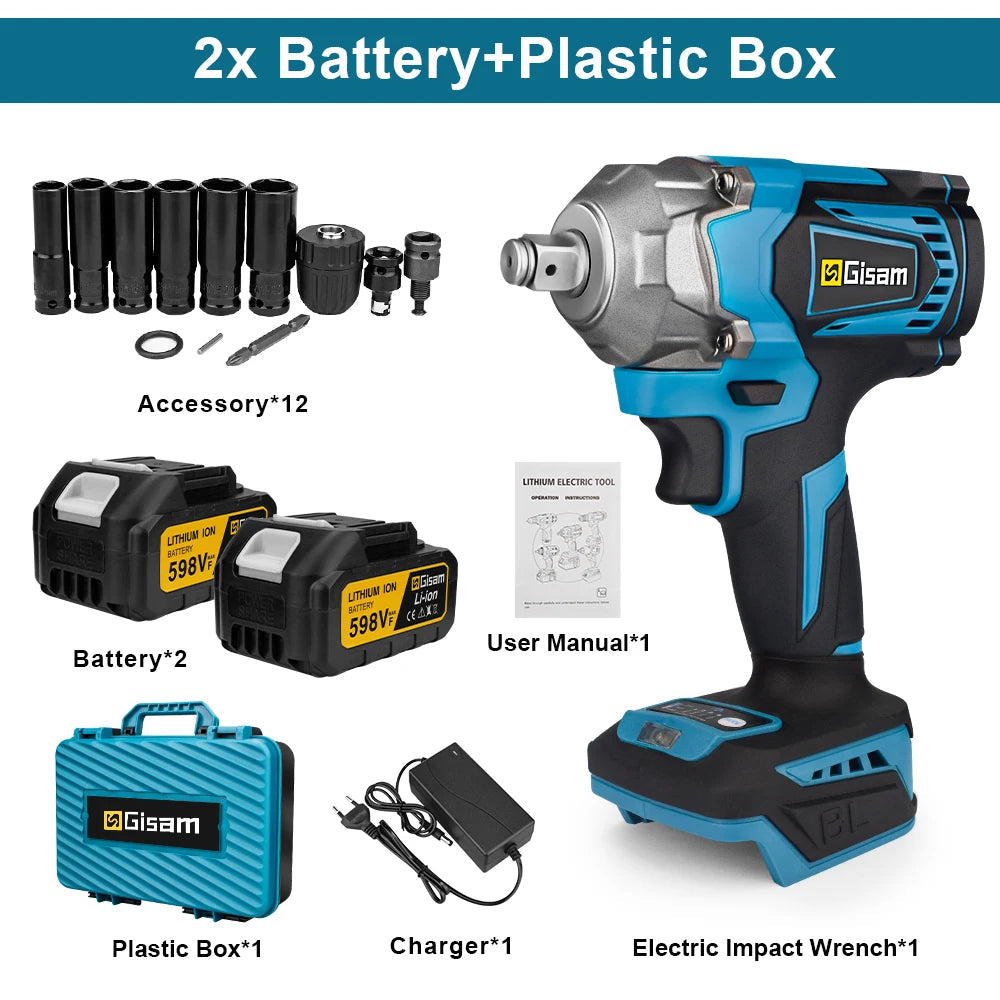 Gisam 1200N.M Torque Brushless Electric Impact Wrench 1/2 inch Cordless Wrench Screwdriver Power Tool For Makita 18V Battery Pin MasCar