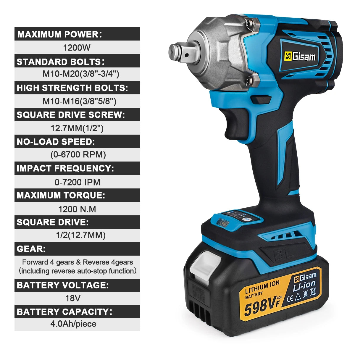 Gisam 1200N.M Torque Brushless Electric Impact Wrench 1/2 inch Cordless Wrench Screwdriver Power Tool For Makita 18V Battery Pin MasCar