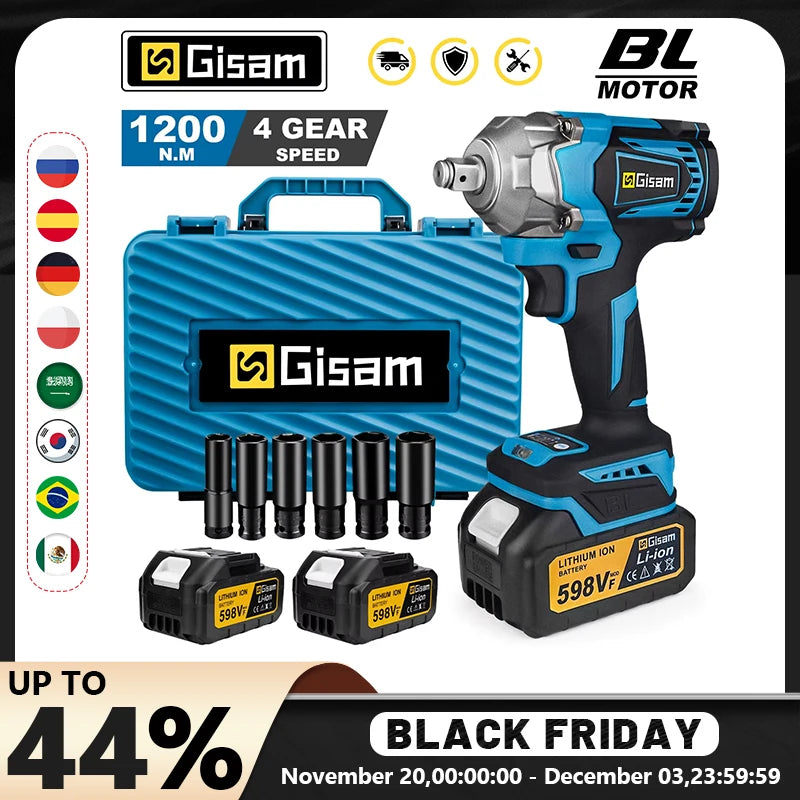 Gisam 1200N.M Torque Brushless Electric Impact Wrench 1/2 inch Cordless Wrench Screwdriver Power Tool For Makita 18V Battery Pin MasCar