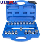 18pcs Oil Drain Plug Removal Tool Key Set Square Hexagon Socket Kit  3/8-Inch drive Nut Adaptor Tool MasCar