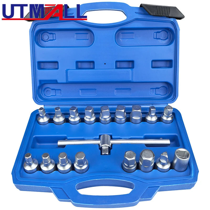 18pcs Oil Drain Plug Removal Tool Key Set Square Hexagon Socket Kit  3/8-Inch drive Nut Adaptor Tool MasCar