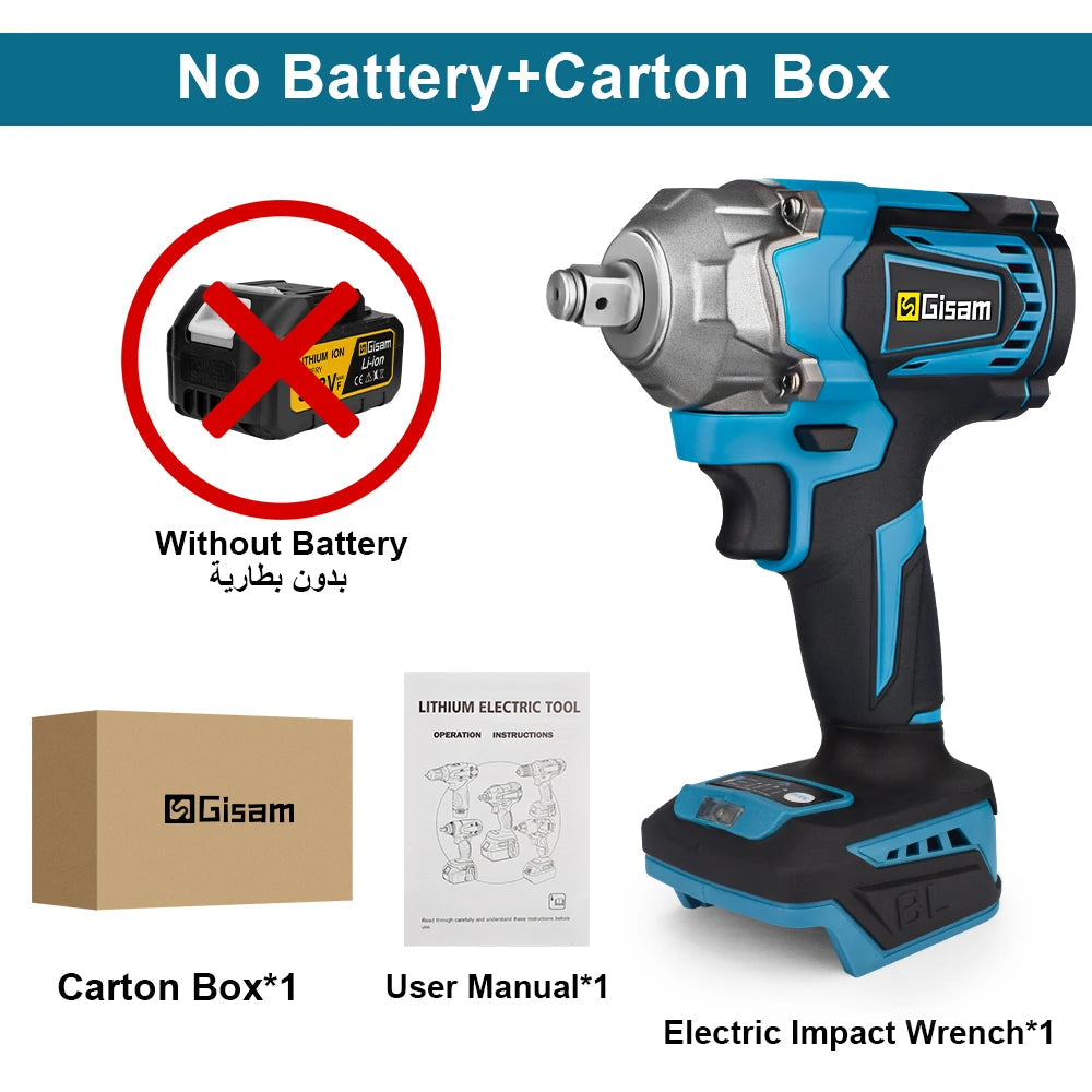 Gisam 1200N.M Torque Brushless Electric Impact Wrench 1/2 inch Cordless Wrench Screwdriver Power Tool For Makita 18V Battery Pin MasCar
