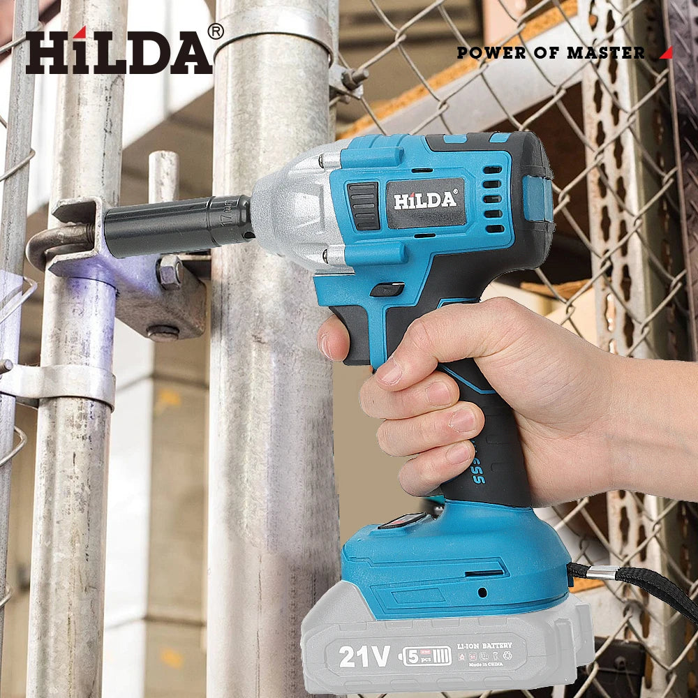 HILDA Electric Impact Wrench 18V Blue Brushless/Brushed Rechargeable 1/2 Socket Wrench Cordless Hand Drill for Makita Battery MasCar